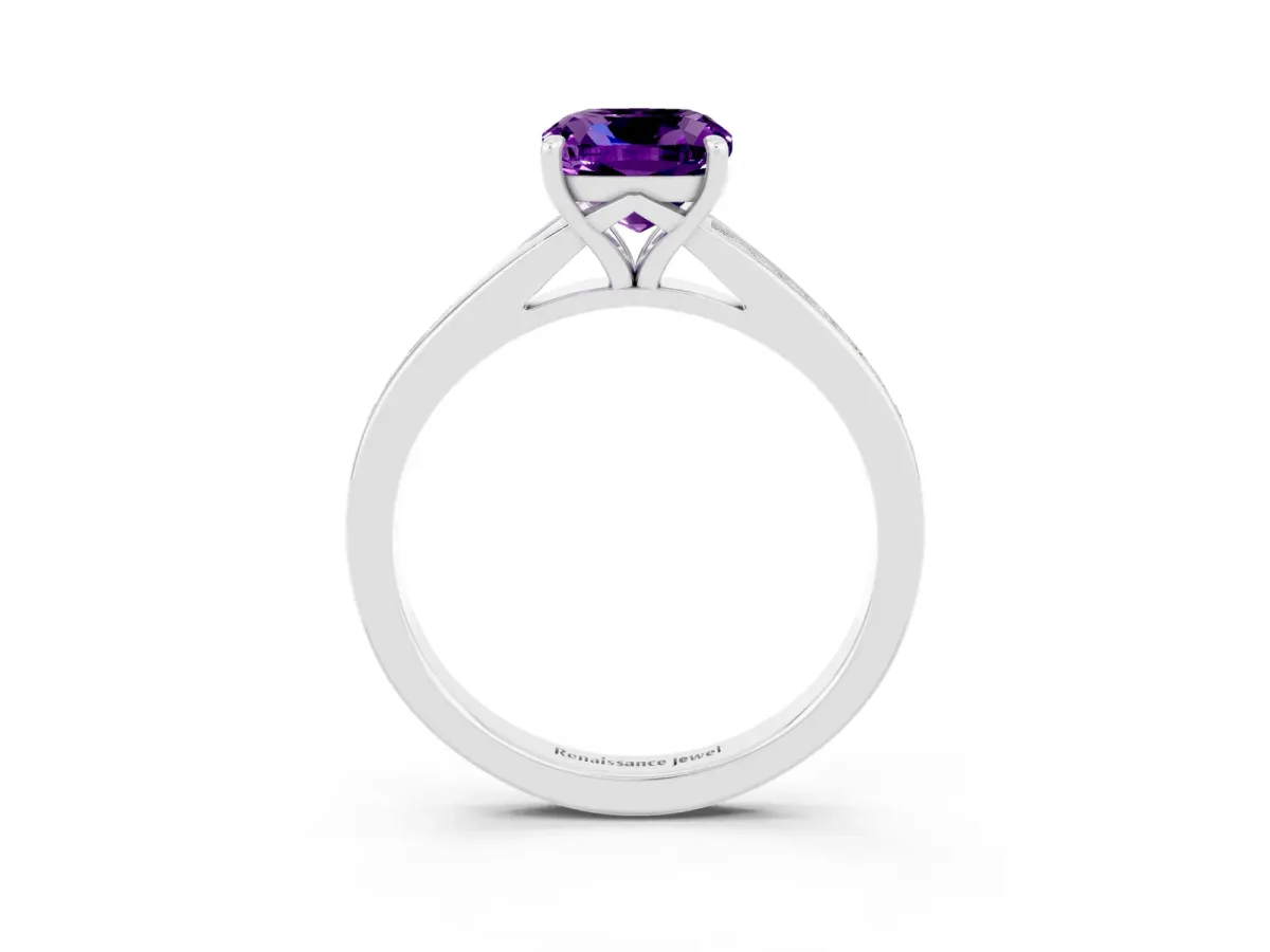 Cushion Cut Amethyst Solitaire Ring with Pavé Band and Prong Setting Silver
