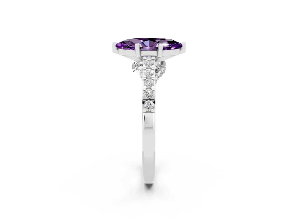 Marquise Cut Amethyst Solitaire Ring with Crossover Gallery and Round Pavé Band Silver