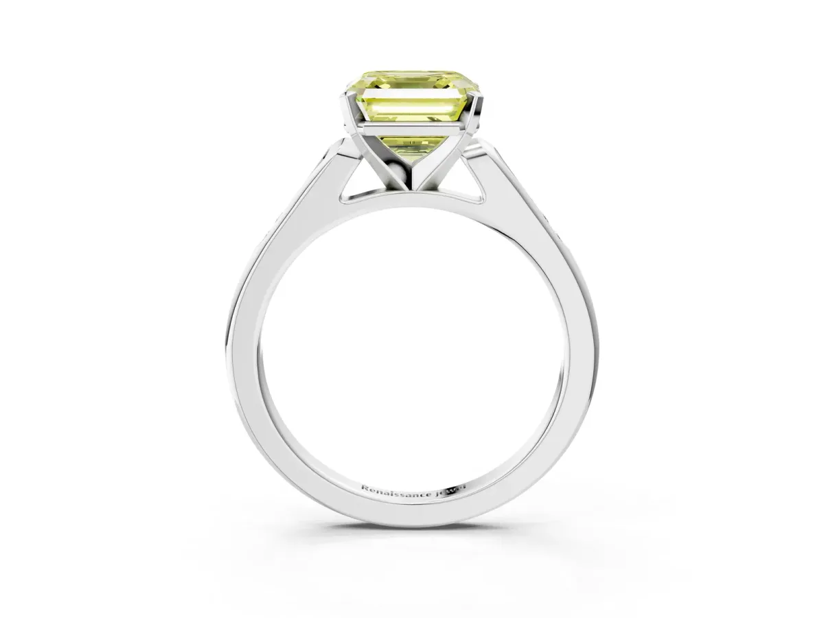 Fancy Yellow Asscher Cut Diamond Solitaire Ring with Channel Set Round Band and Prong Setting Silver