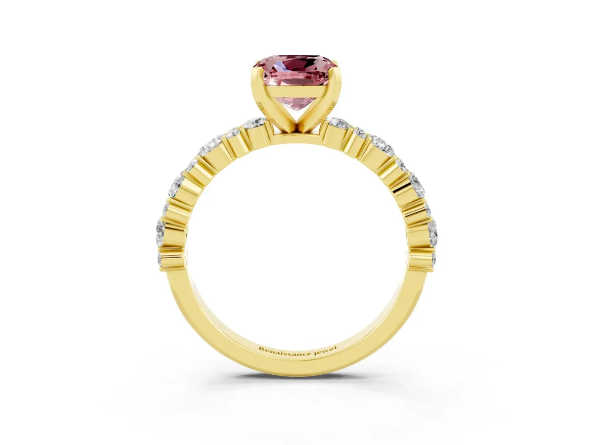 Cushion Cut Morganite Side Stone Solitaire Ring with Round and Four-Prong Setting Yellow gold