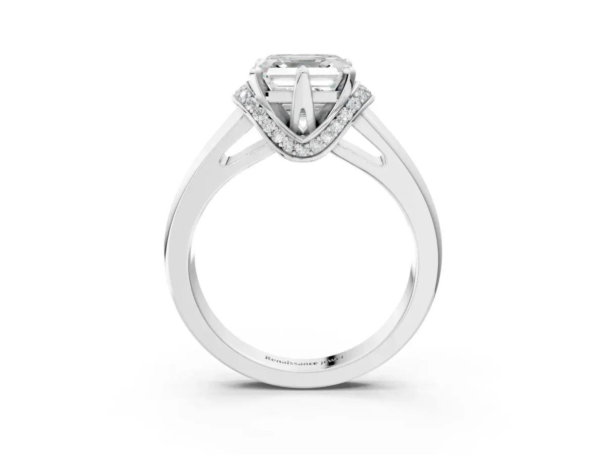 Asscher Cut Solitaire Diamond Ring with Pave Band and Six-Prong Setting White gold