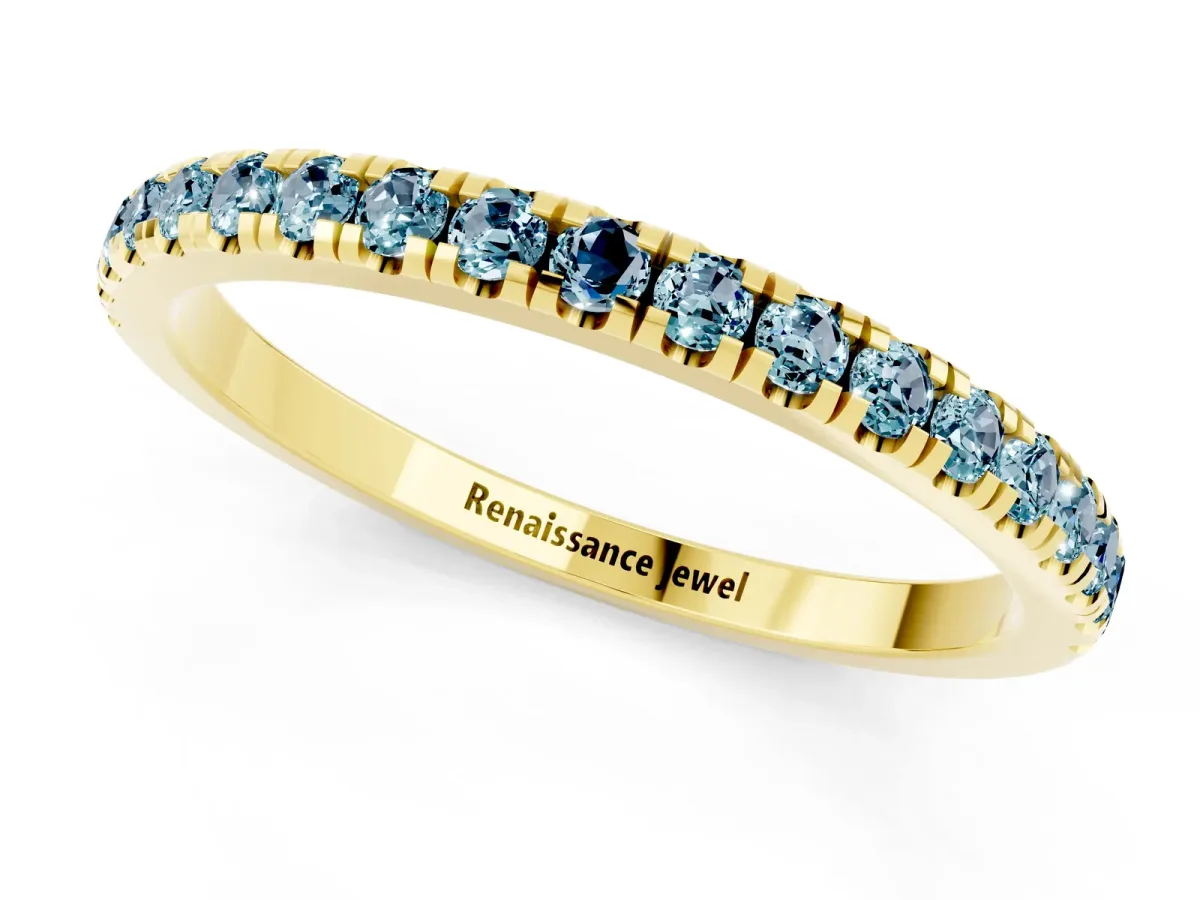 Pavé Round Aquamarine Half Eternity Band with Shared Prong Setting Yellow gold