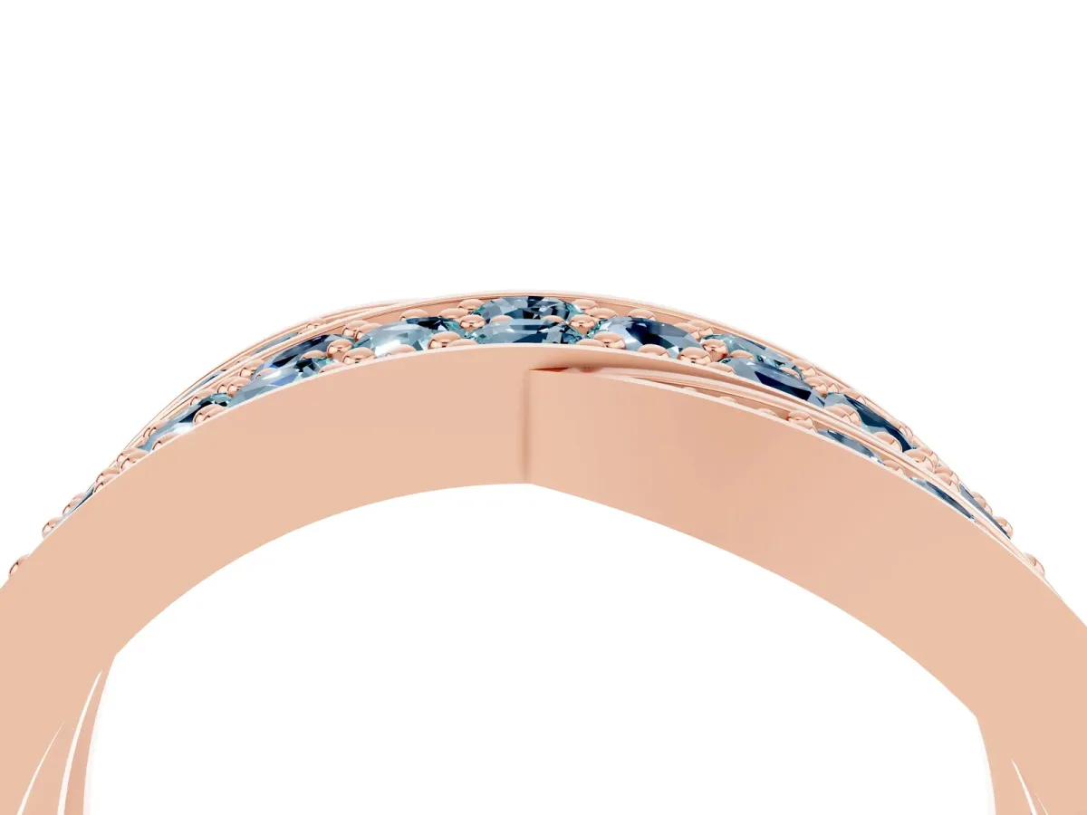 Pavé Round Aquamarine Crossover Band with Bead Prong Setting Rose gold