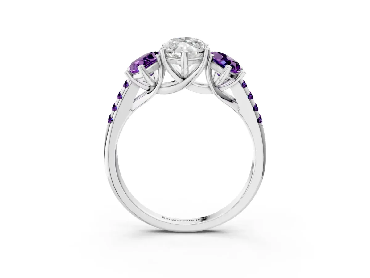 Three-Stone Marquise Cut Diamond Ring with Round Amethyst Pavé Band and Prong Setting Platinum