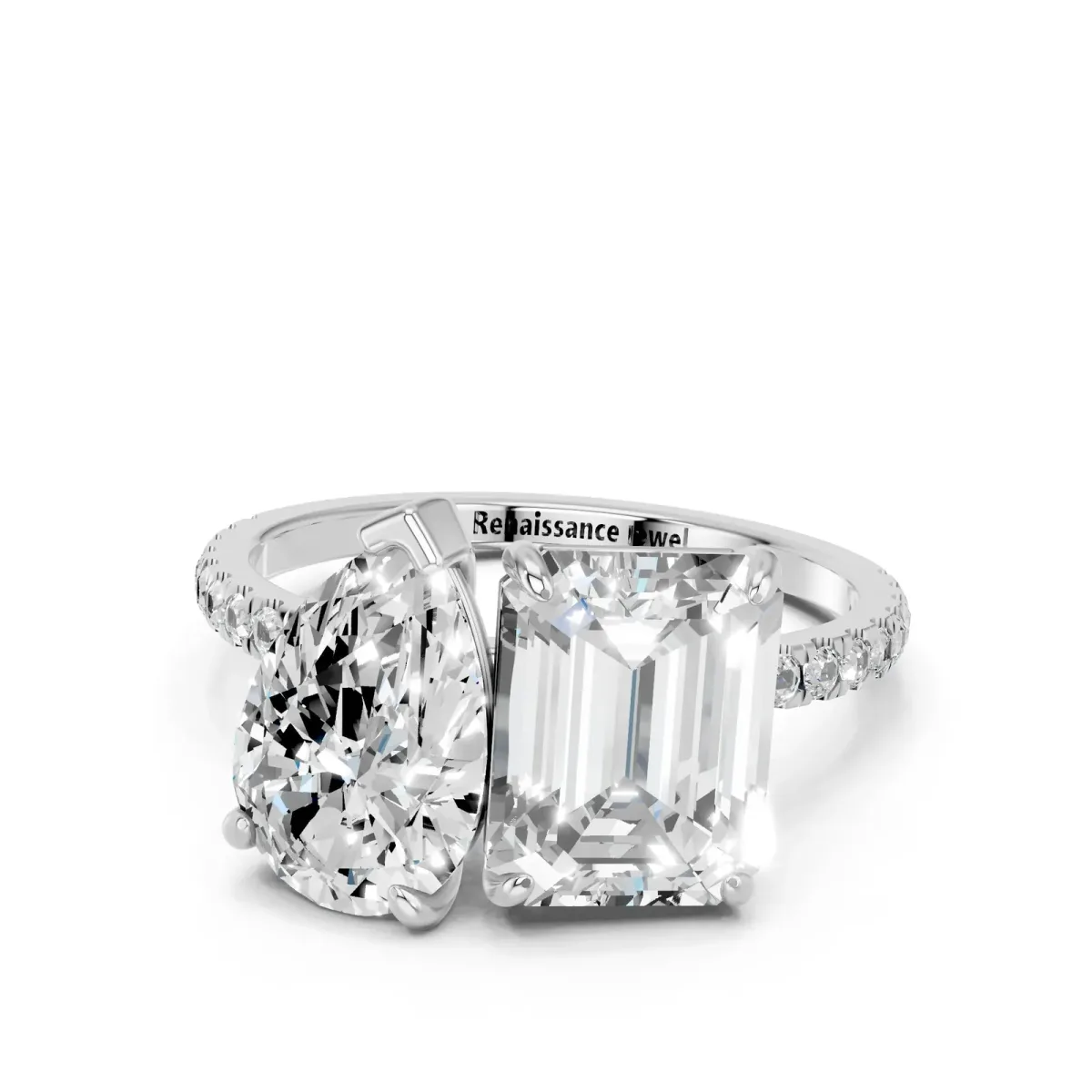 Pear and Radiant Toi Moi Ring with Prong Setting and Micro Pave Band Silver
