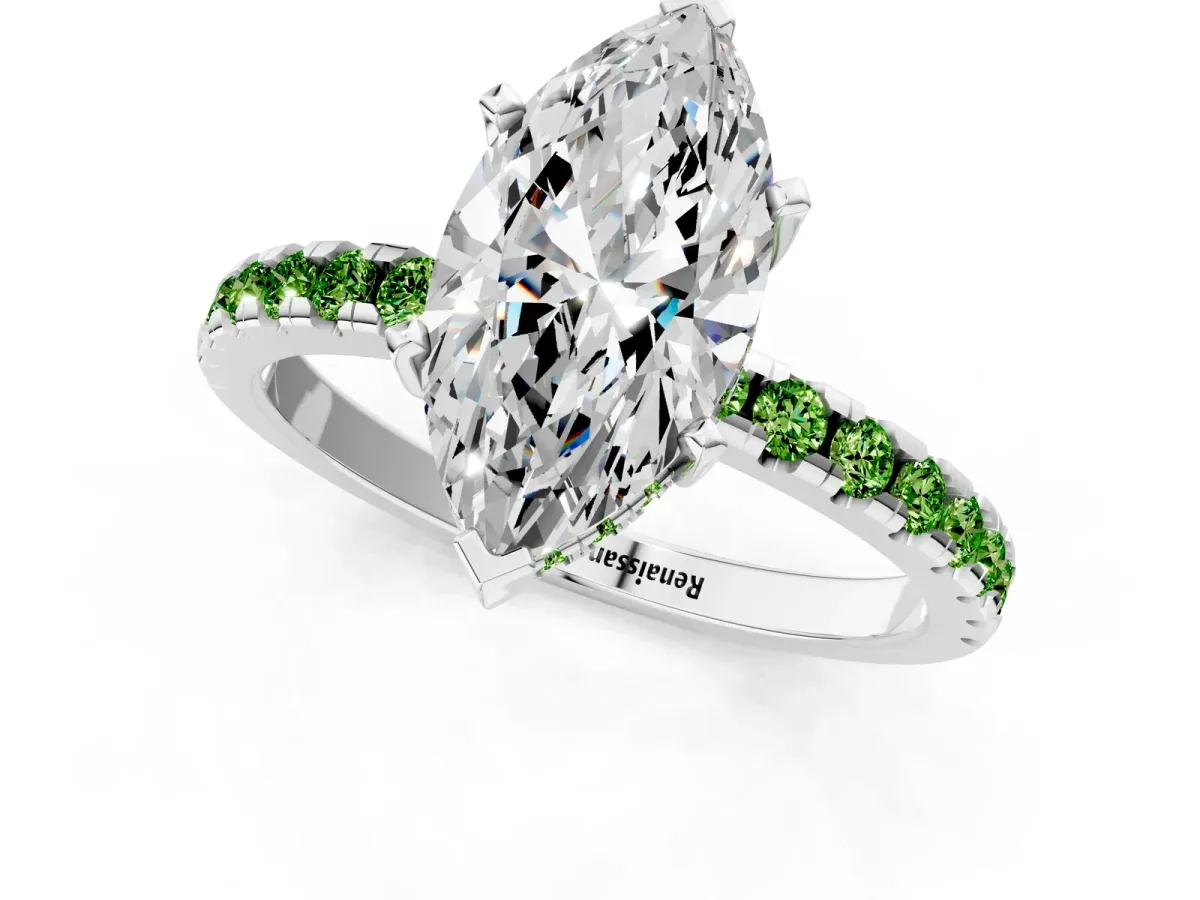 Marquise Cut Diamond Solitaire Ring with Round Peridot Pavé Band and Four-Prong Setting Silver