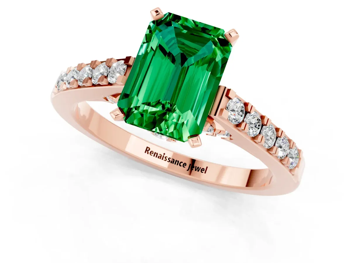 Emerald Cut Emerald Solitaire Ring with Crossover Gallery and Round Pavé Band Rose gold