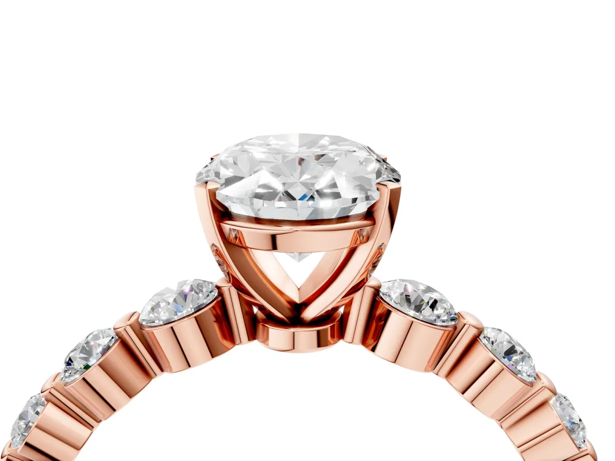 Oval Cut Solitaire Diamond Ring with Pave Band and Four-Prong Setting Rose gold