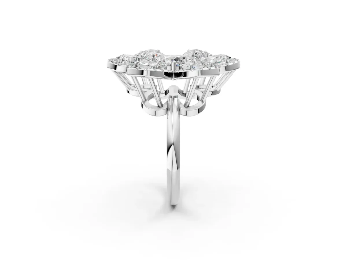 Pear Diamond Floral Promise Ring with Round Diamond Center Silver