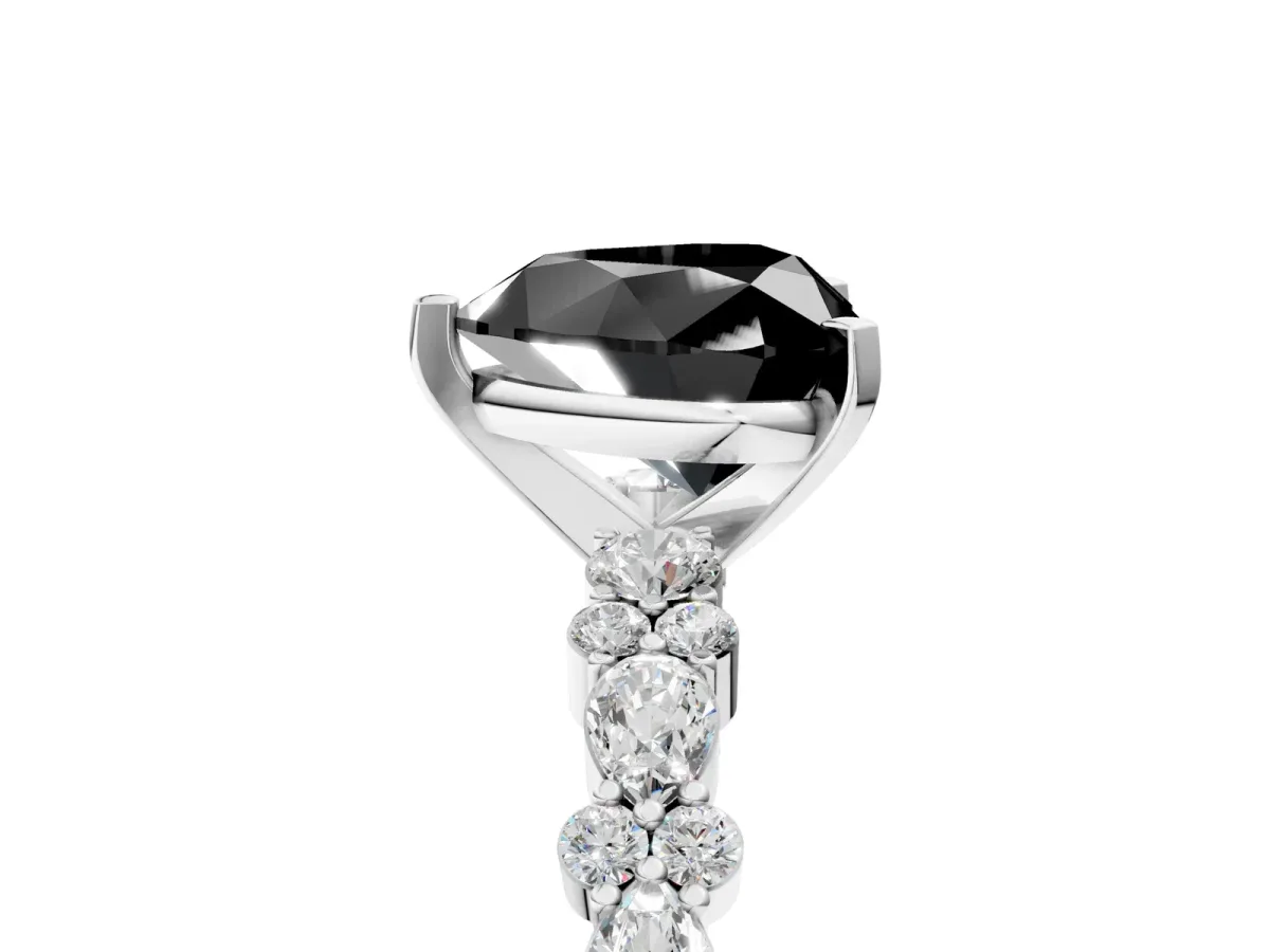 Fancy Black Heart Cut Diamond Side Stone Solitaire Ring with Round and Four-Prong Setting Silver