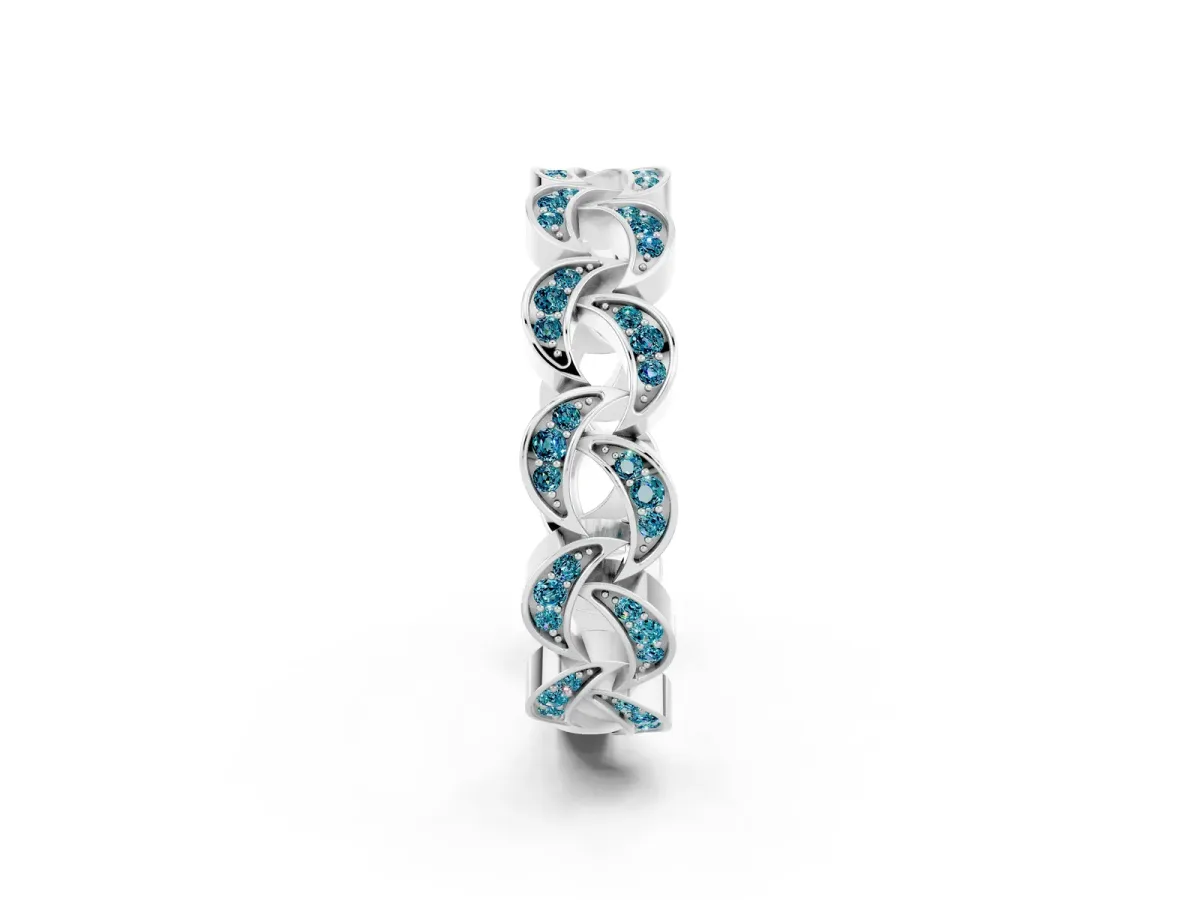 Pavé Round Blue Topaz Interlocking Eternity Band with Bezel Prong Setting Platinum