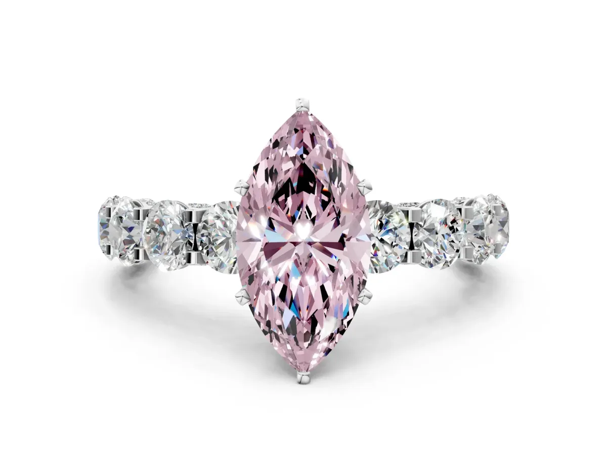 Fancy Pink Marquise Cut Diamond Side Stone Engagement Ring with Four-Prong Setting White gold