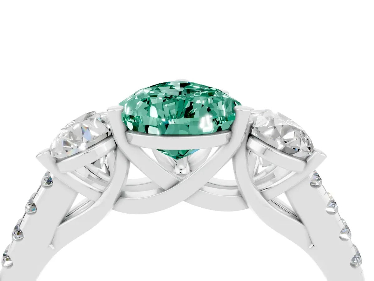 Three-Stone Pear Cut Green Sapphire Ring with Round Pavé Band and Prong Setting Silver