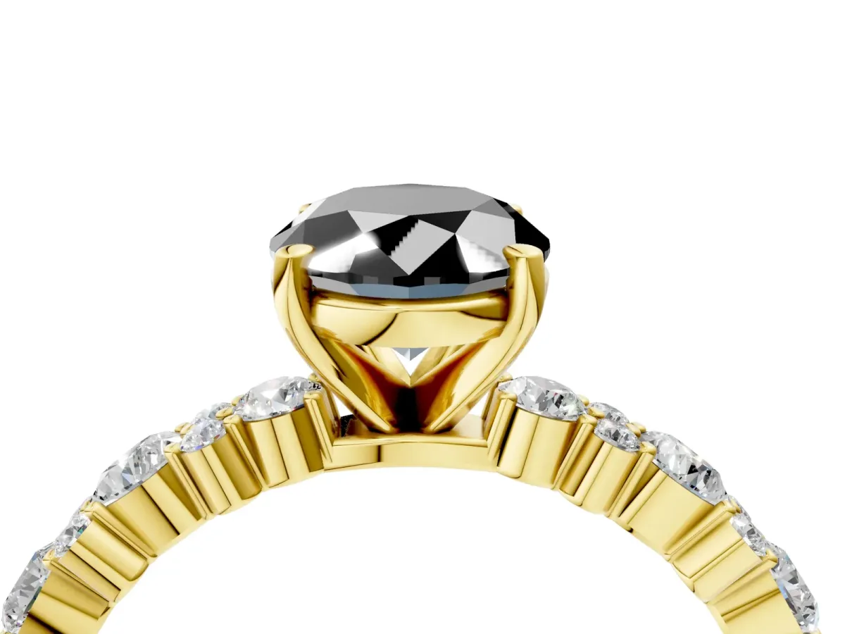 Fancy Black Oval Cut Diamond Side Stone Solitaire Ring with Round and Four-Prong Setting Yellow gold
