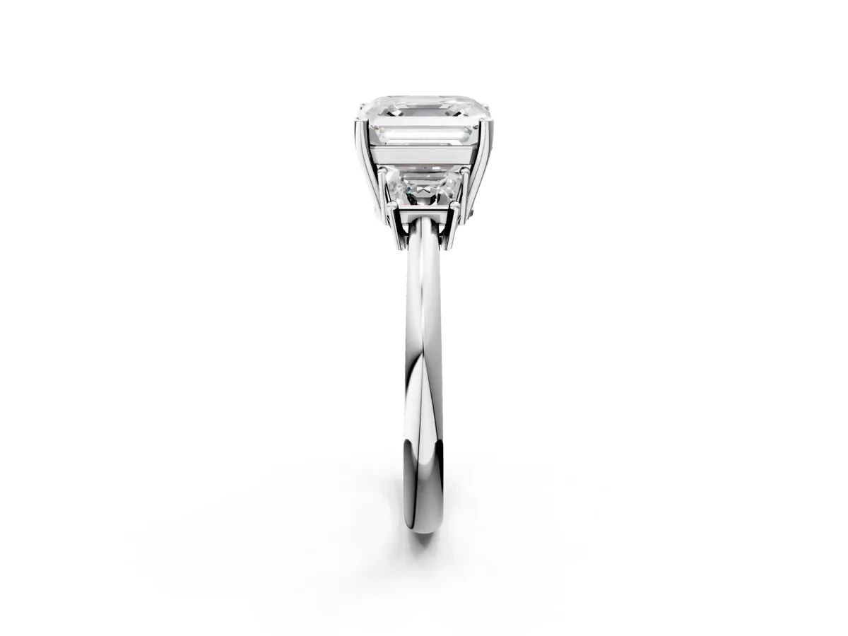 Asscher Cut Diamond Three-Stone Ring with Trapezoid Side Stones and Prong Setting White gold