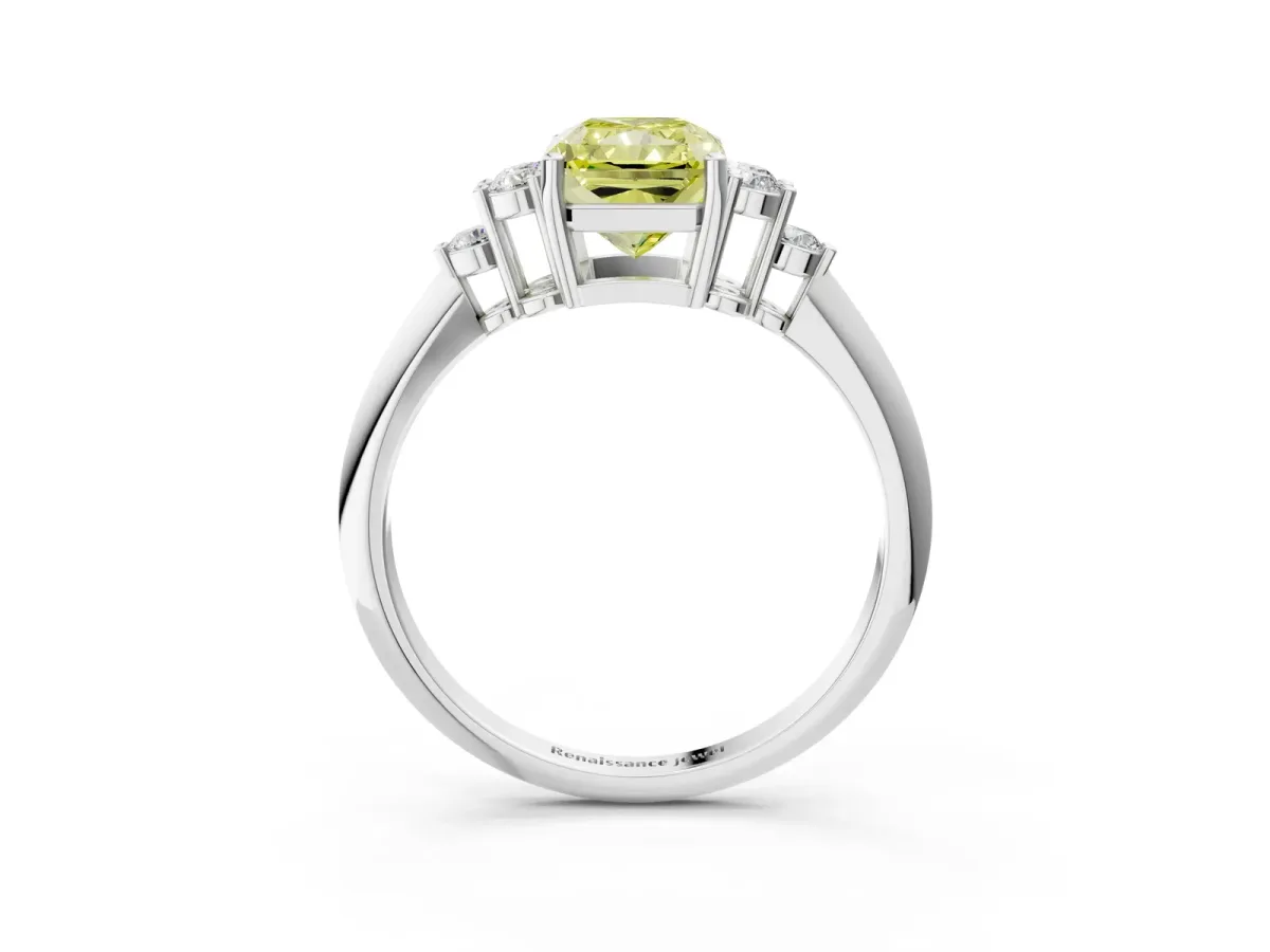 Fancy Yellow Radiant Cut Cut Diamond Cluster Ring with Solitaire Band and Four-Prong Setting Platinum