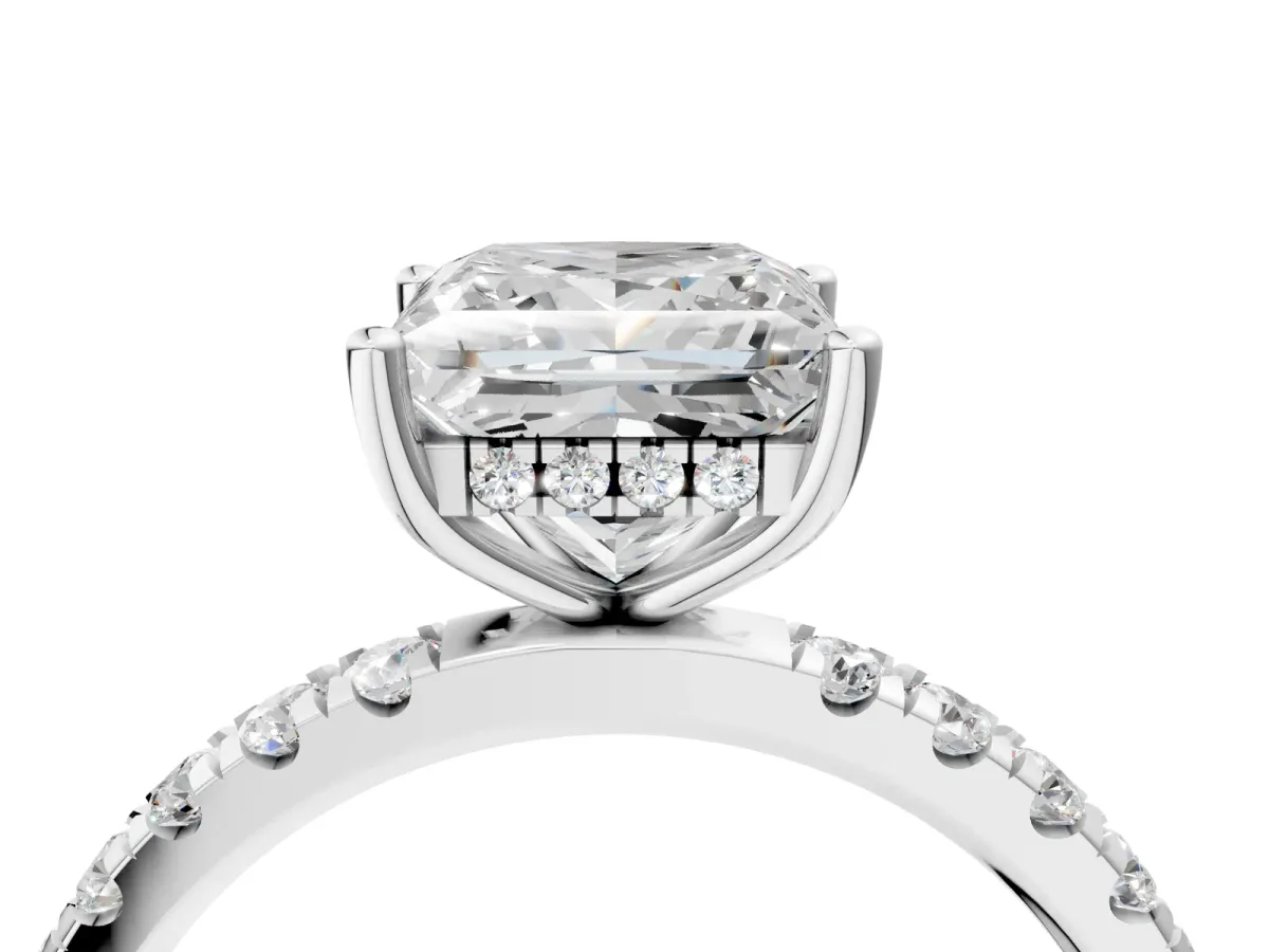 Princess Cut Diamond Pave Band Solitaire Ring with Round Moissanite and Prong Setting Silver