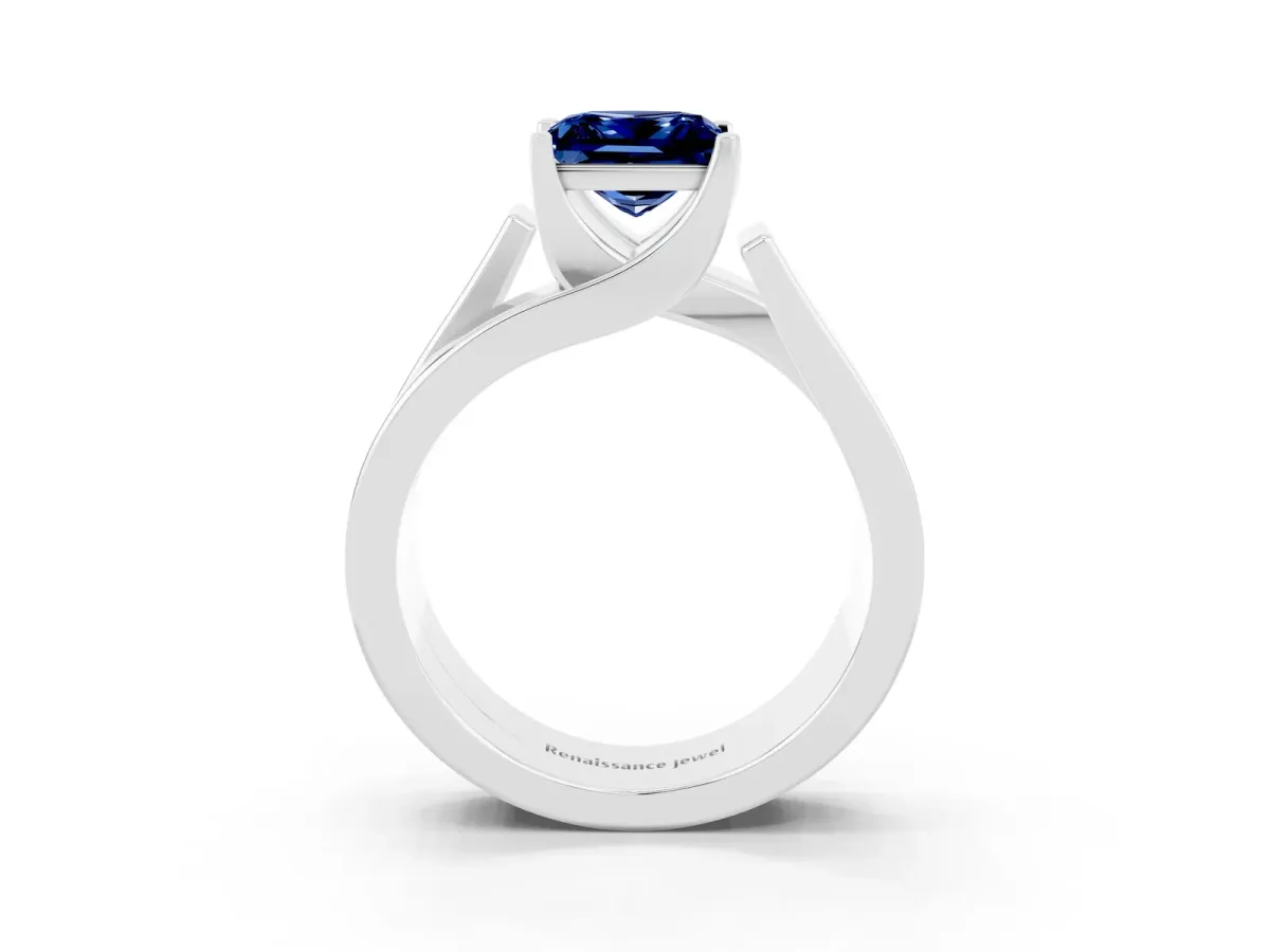 Modern Tension Set Princess Cut Blue Sapphire Solitaire Wide Band Ring Silver
