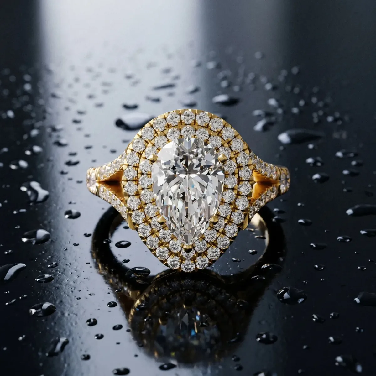 Pear Cut Diamond Double Halo Ring with Split Shank and Prong Setting Yellow gold