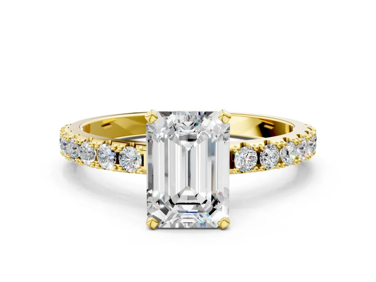 Emerald Cut Diamond Solitaire Pavé Band with Four-Prong Setting Yellow gold