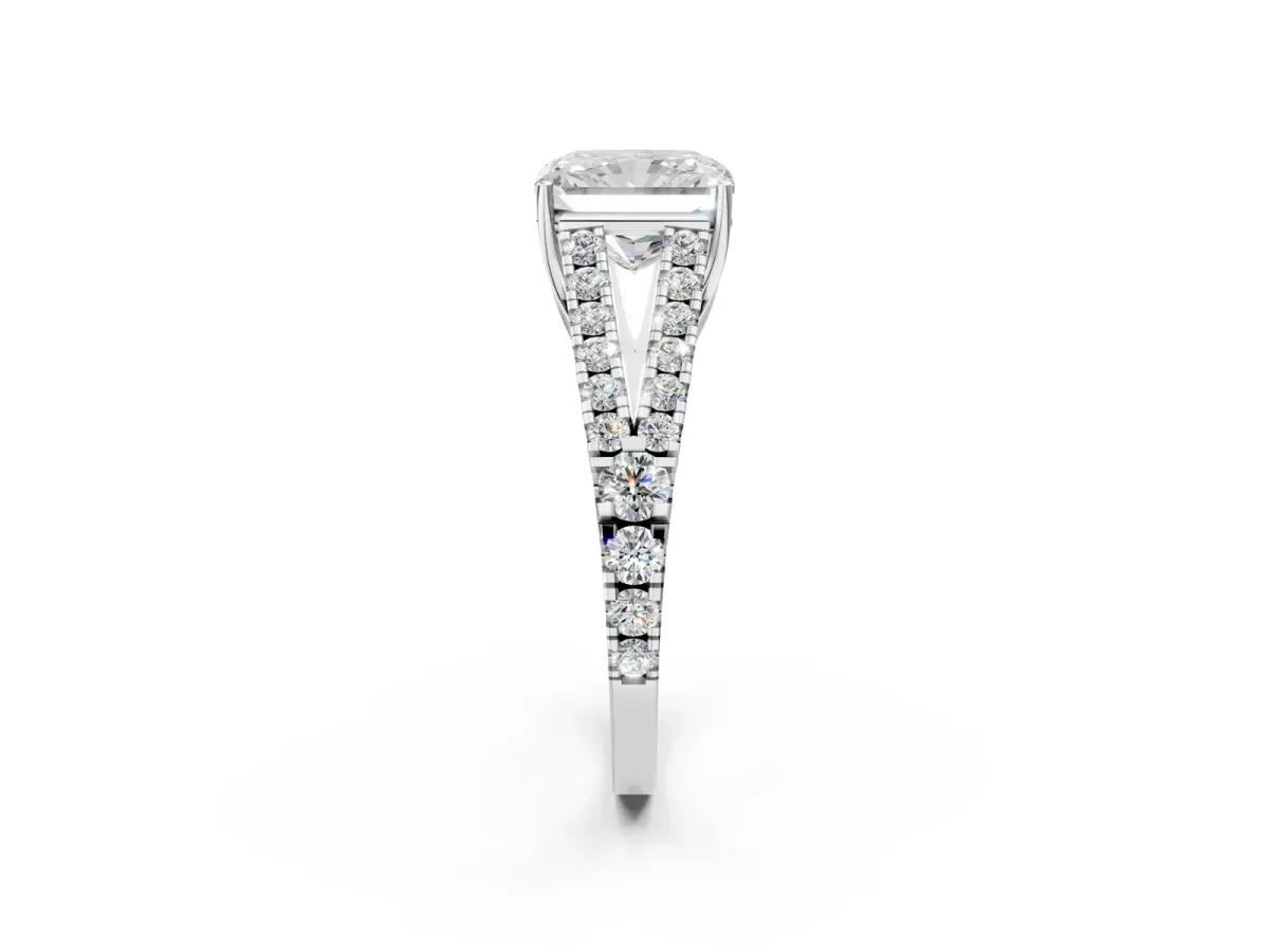 Radiant Cut Diamond Split Shank Pavé Engagement Ring with Four-Prong Setting White gold