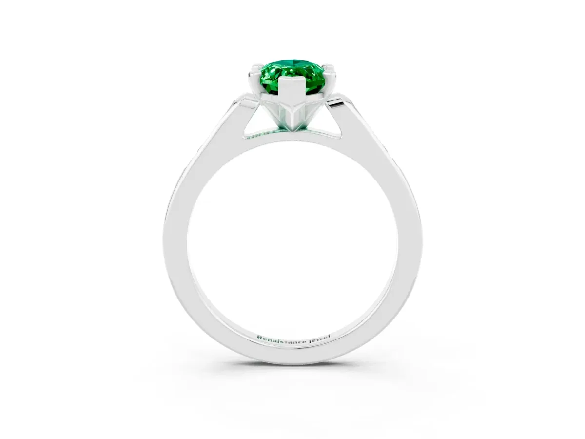 Marquise Cut Emerald Solitaire Ring with Channel Set Round Band and Prong Setting Silver