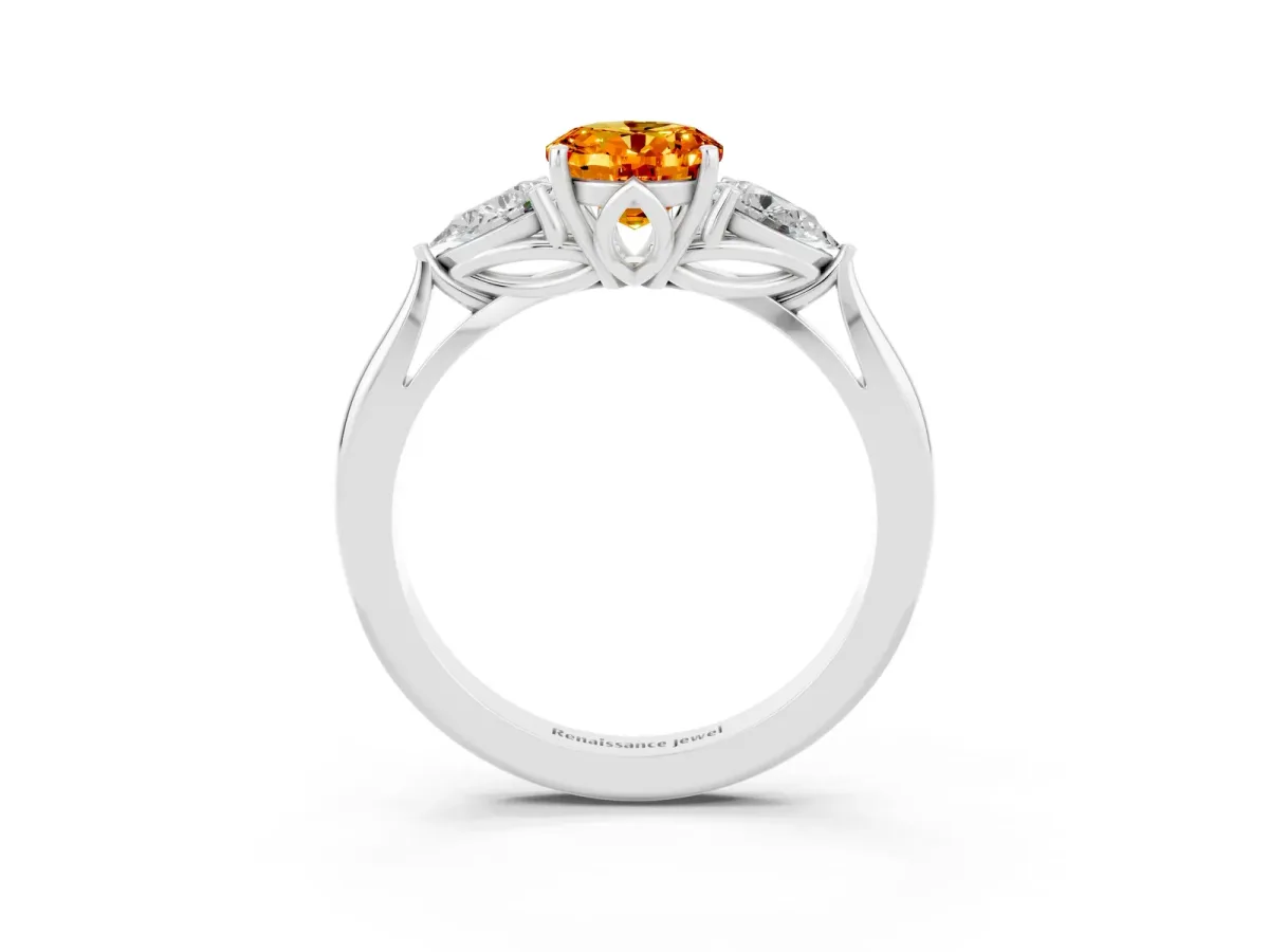 Three-Stone Oval Cut Citrine Ring with Pear Side Stones in Four-Prong Setting White gold