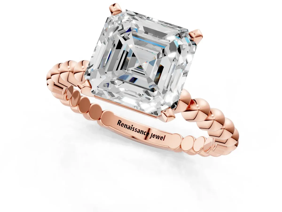 Asscher Cut Diamond Solitaire Ring with Beaded Band and Prong Setting Rose gold