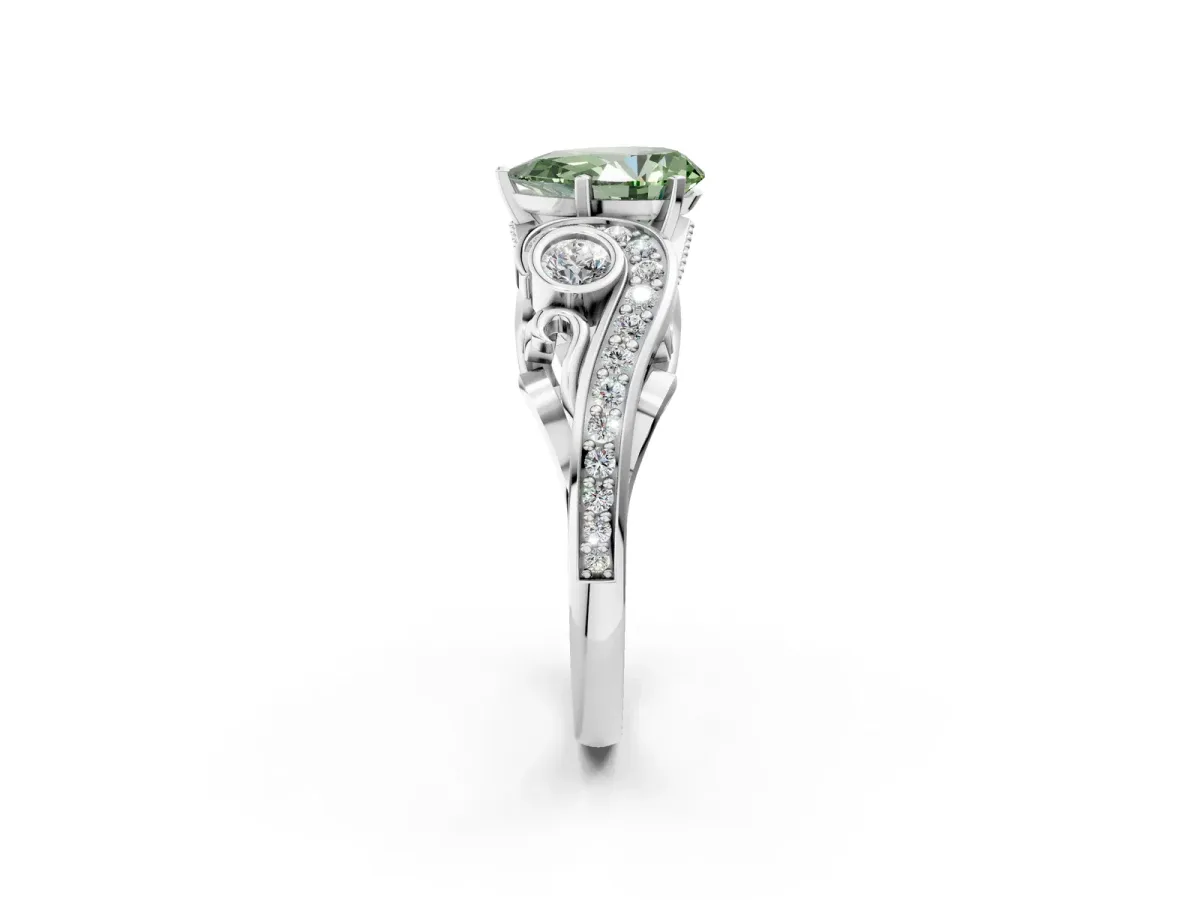 Fancy Green Pear Cut Diamond Solitaire Ring with Milgrain Pavé Band and Four-Prong Setting Silver