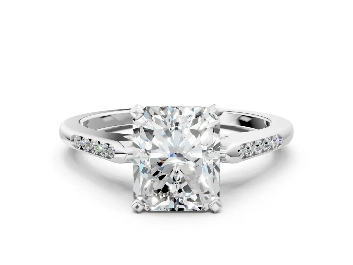 Radiant Cut Diamond Solitaire Ring with Channel Set Round Band and Prong Setting Silver
