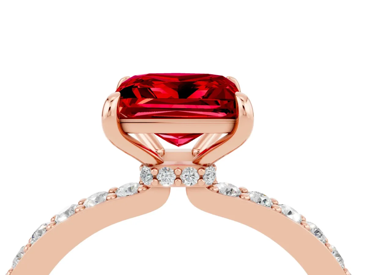 Princess Cut Ruby Solitaire Engagement Ring with Pavé Band and Four-Prong Setting Rose gold