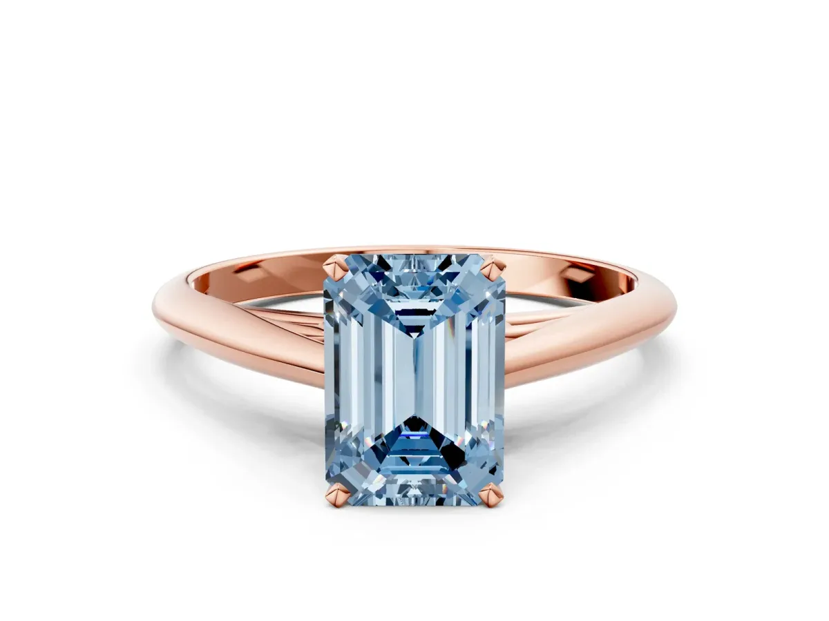 Fancy Blue Emerald Cut Diamond Solitaire Engagement Ring with Cathedral Setting and Four-Prong Mount Rose gold