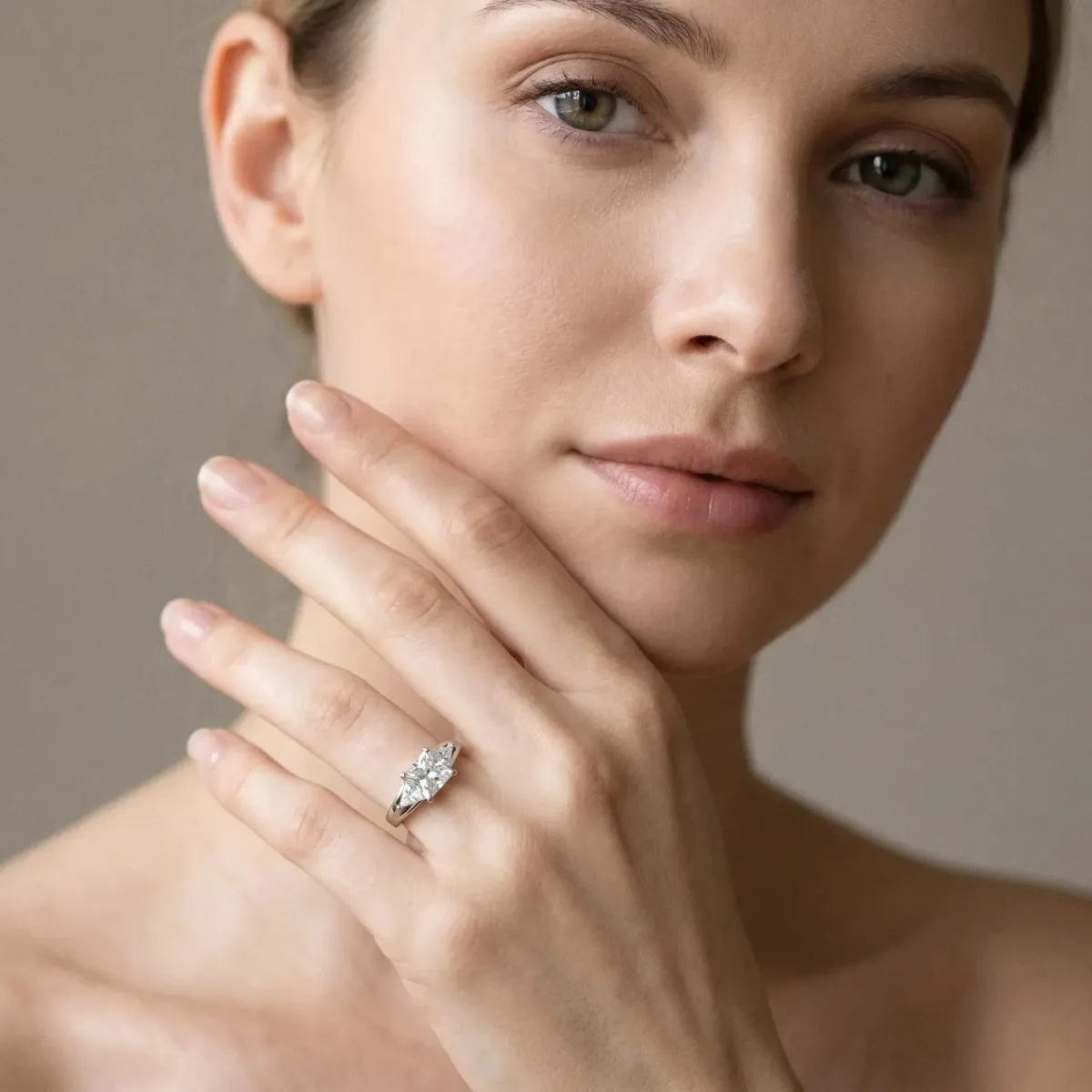 Three-Stone Princess Cut Cut Diamond Ring with Trillion Side Stones on a Split Shank Band Silver