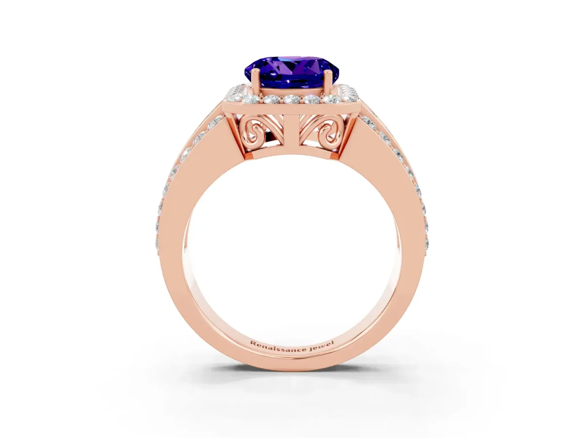 Round Cut Halo Tanzanite Ring with Round Split Shank and Prong Setting Rose gold