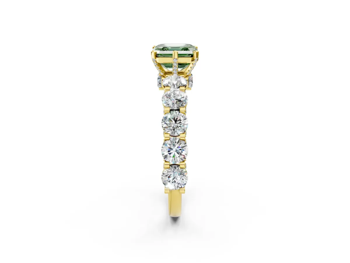Fancy Green Asscher Cut Diamond Side Stone Engagement Ring with Four-Prong Setting Yellow gold