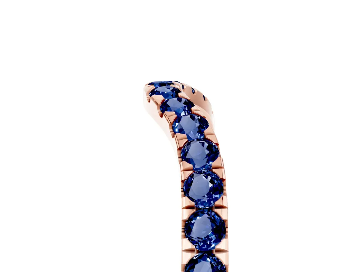 Curved Pavé Round Blue Sapphire Wedding Band with Shared Prong Setting Rose gold