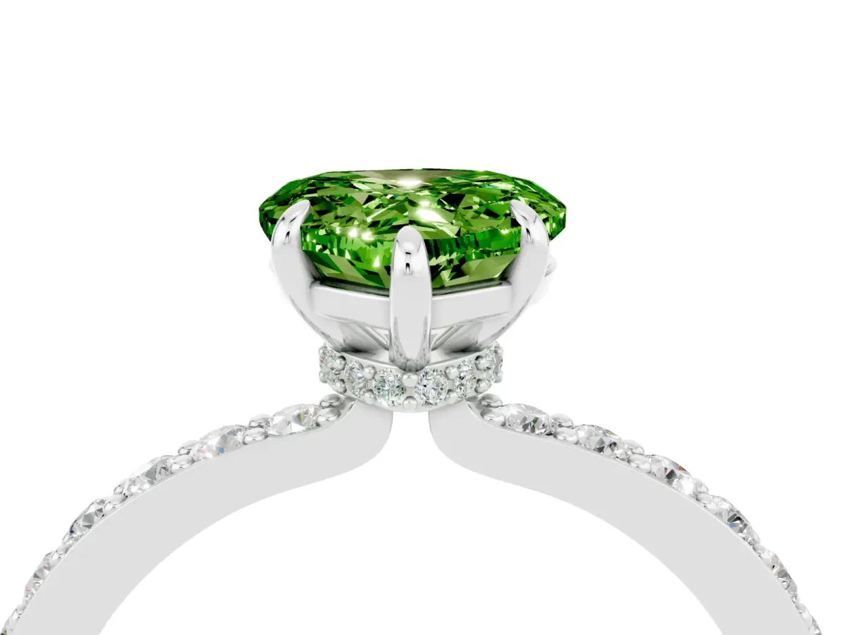 Heart Cut Peridot Pavé Engagement Ring with Round Accents and Prong Setting Silver