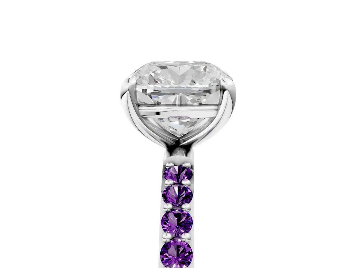 Cushion Cut Diamond Solitaire Ring with Round Amethyst Pavé Band and Prong Setting Silver