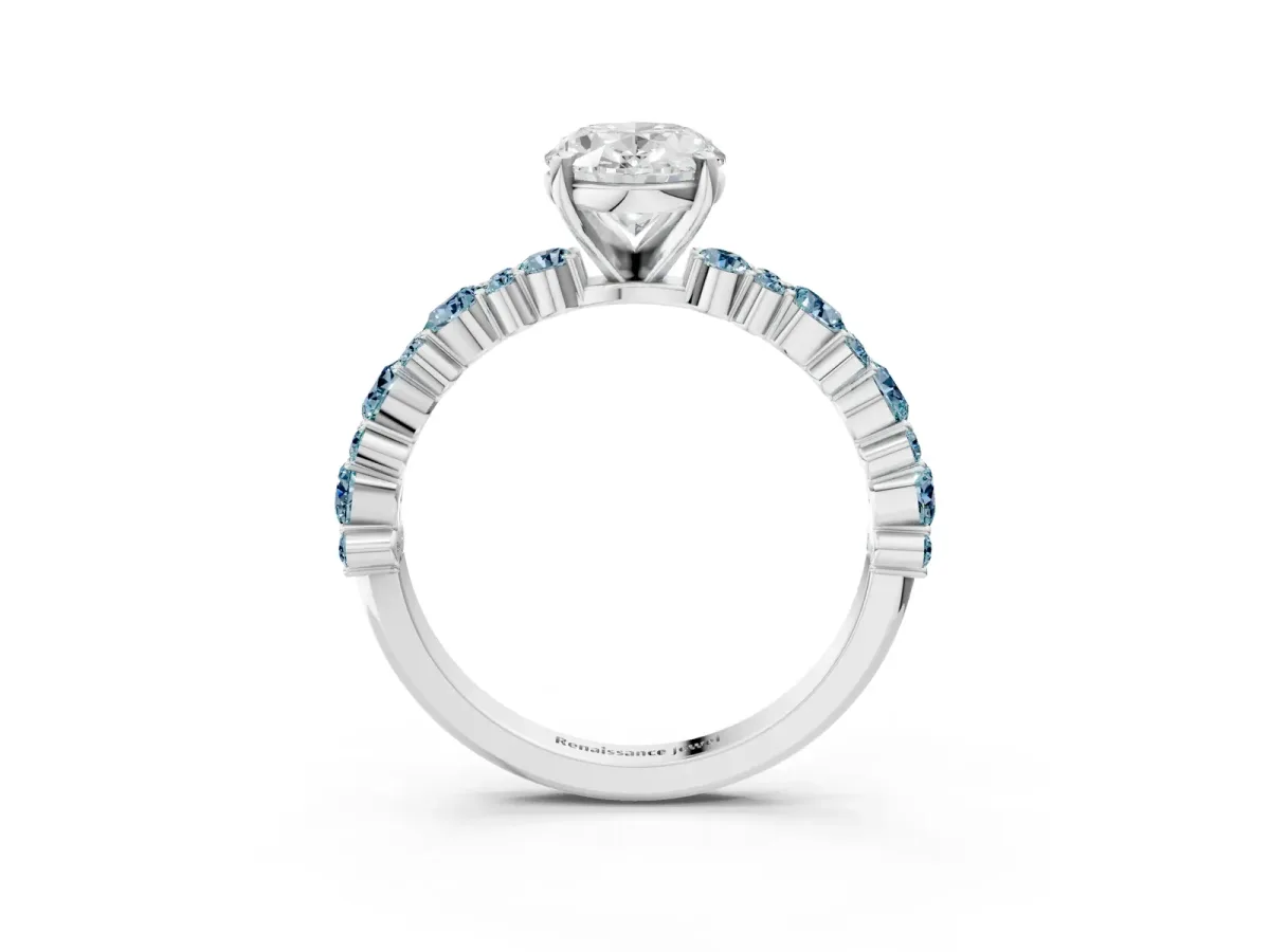 Oval Cut Diamond Side Stone Solitaire Ring with Round Aquamarine and Four-Prong Setting Silver