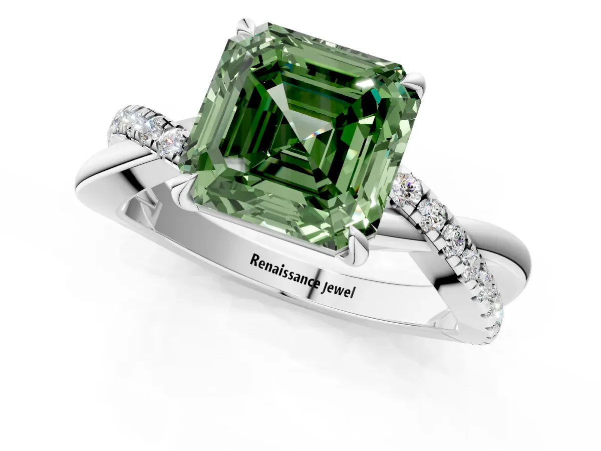Fancy Green Asscher Cut Cut Diamond Twisted Band with Pavé Setting and Four-Prong Setting Platinum