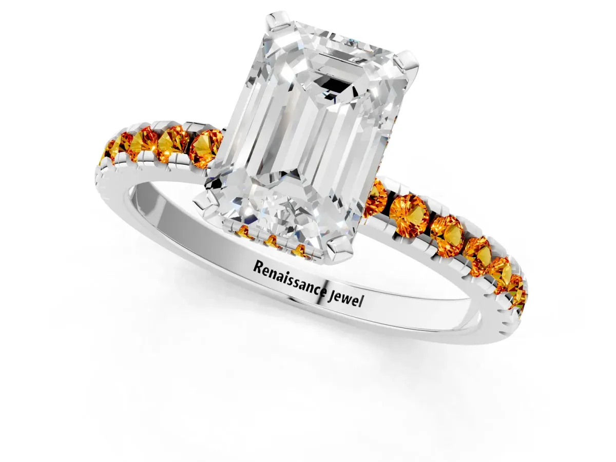 Emerald Cut Diamond Solitaire Ring with Round Citrine Pavé Band and Four-Prong Setting Silver