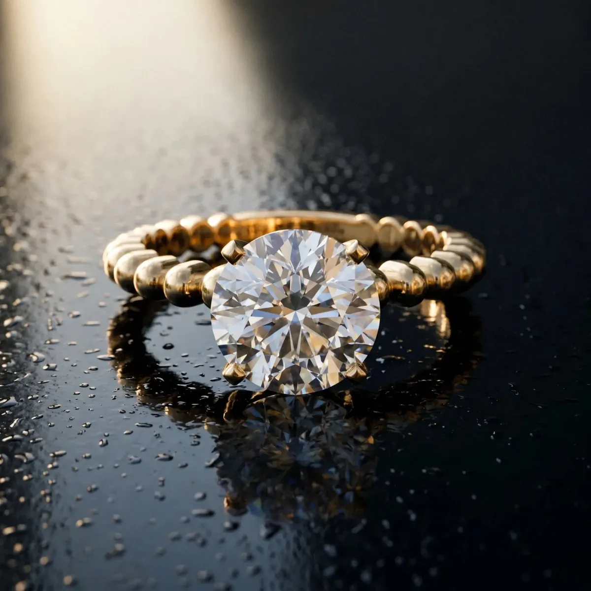 Round Cut Diamond Solitaire Ring with Beaded Band and Prong Setting Yellow gold