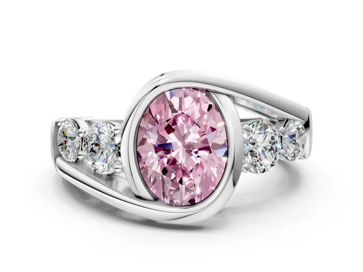 Fancy Pink Bezel Set Oval Cut Diamond Bypass Ring with Round Accents Platinum