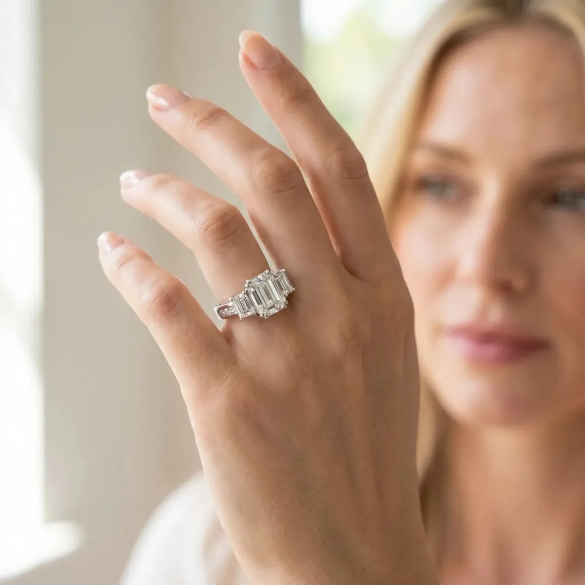 Three-Stone Emerald Cut Cut Diamond Ring with Channel Set Band and Four-Prong Setting Platinum