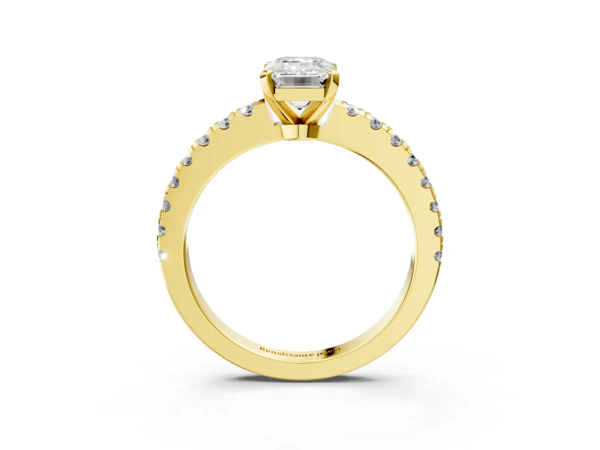 Emerald Cut Solitaire Diamond with Pavé Band and Four-Prong Setting Yellow gold