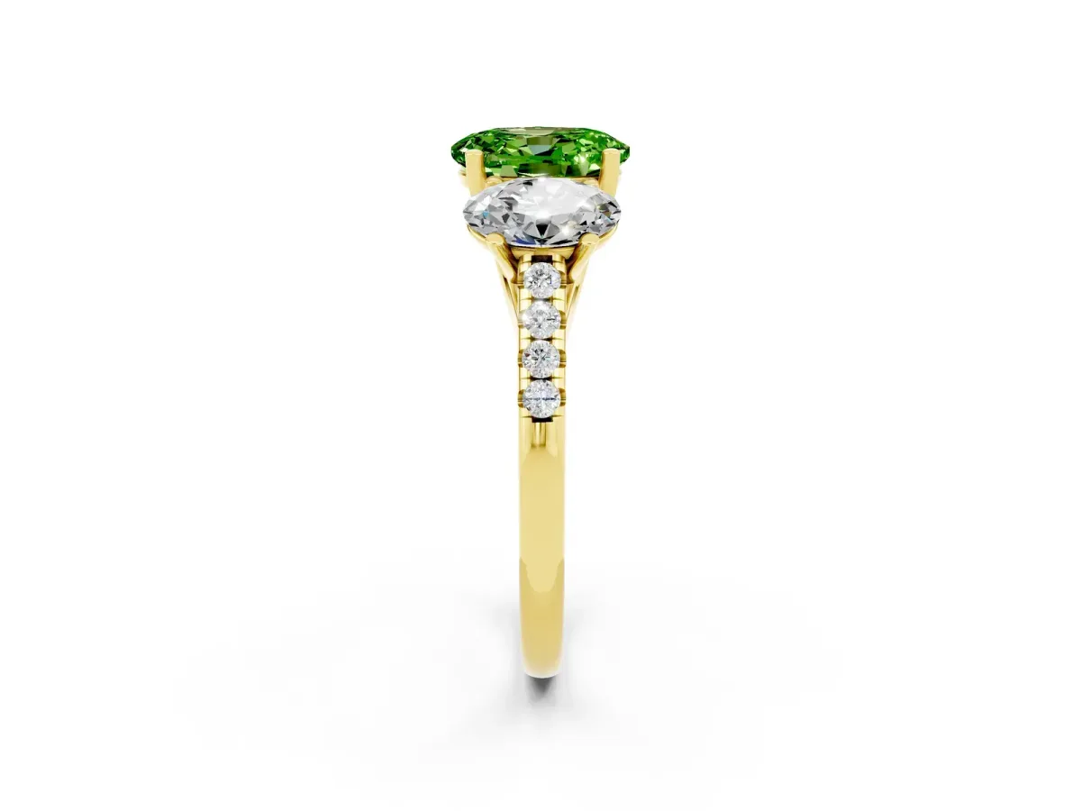 Three-Stone Oval Cut Peridot Ring with Round Pavé Band and Prong Setting Yellow gold