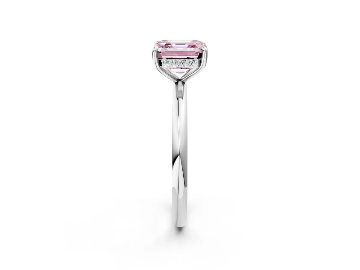Fancy Pink Asscher Cut Diamond Solitaire Ring with Thin Band and Four-Prong Setting Platinum