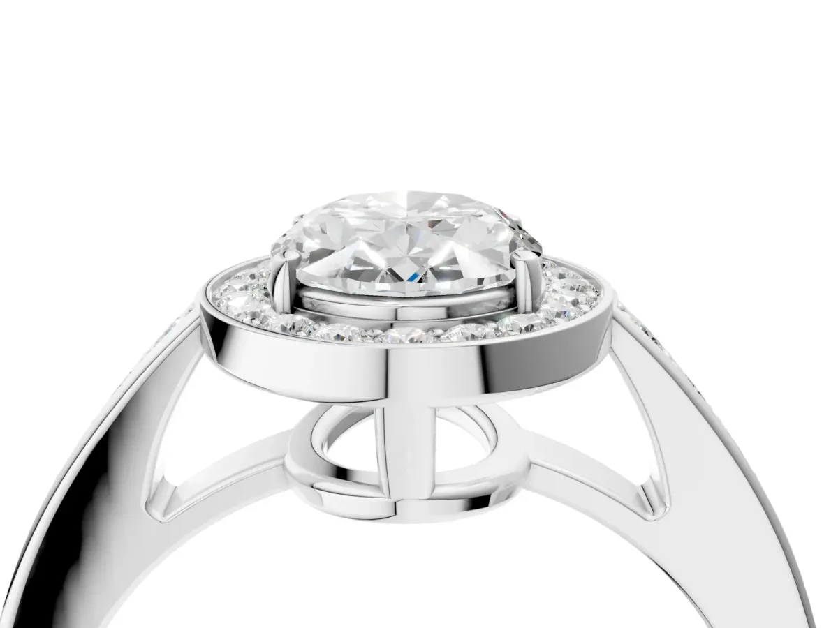 Oval Cut Halo Pavé Diamond Engagement Ring with Bezel Setting Silver