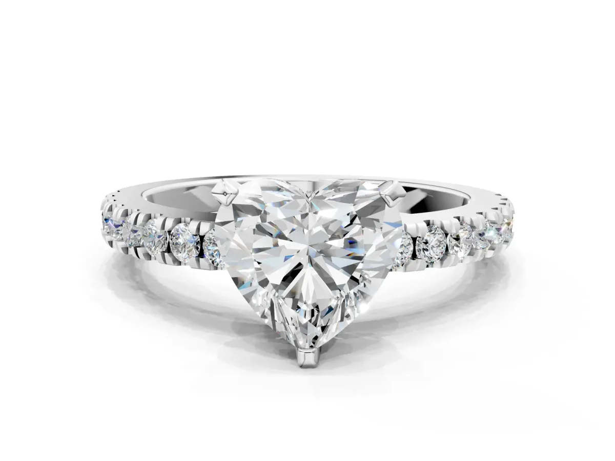 Heart Cut Solitaire Diamond with Pavé Band and Four-Prong Setting Silver