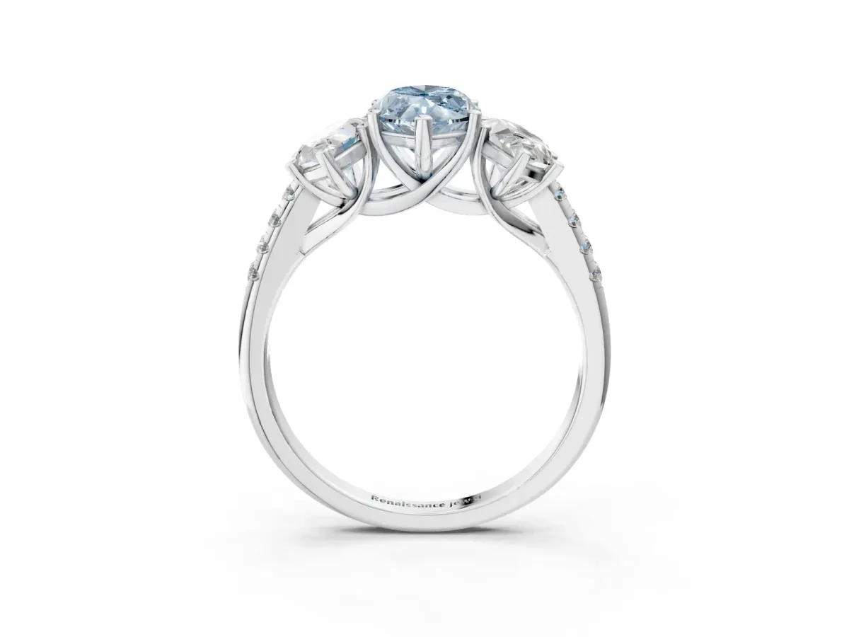 Fancy Blue Three-Stone Marquise Cut Diamond Ring with Round Pavé Band and Prong Setting Silver